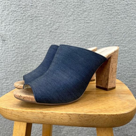 Anne Klein Shoes - Anne Klein Cork Heels Size 10M Slides Mules Open Peep Toe Spring Summer Denim